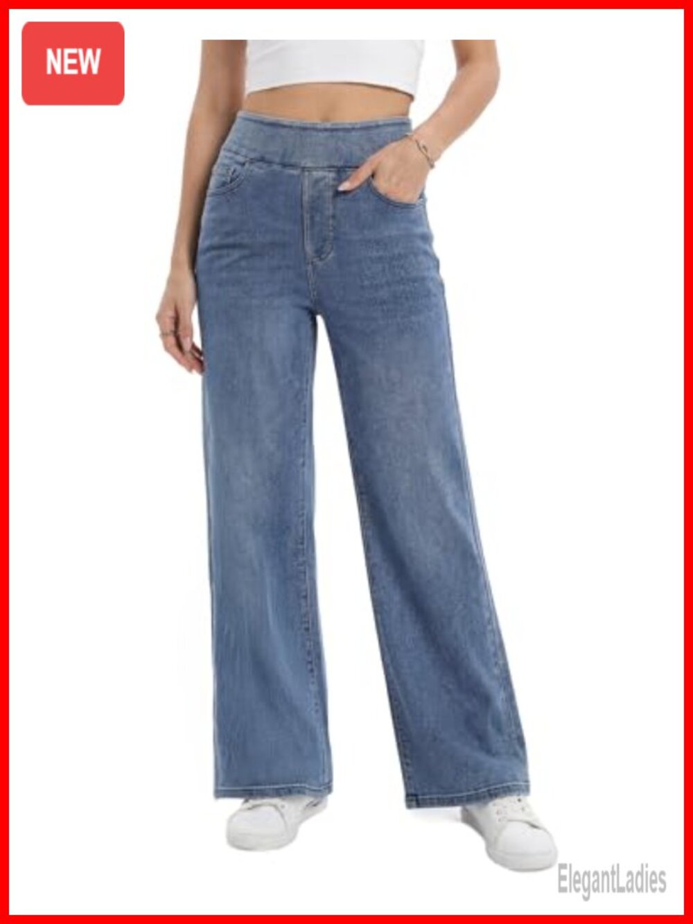 High Rise Wide Leg Pull On Jeans Women Stretchy Denim Tummy Control Elastic